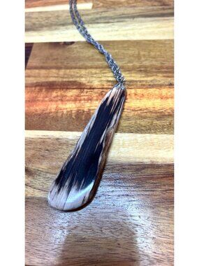 Handcrafted large "water buffalo" horn pendant, brown and beige silver color cha